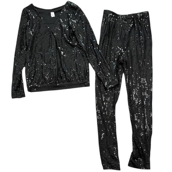 Other - Vintage 80s Black Sequin Two Piece Set Top and Pants Sparkly Party Outfit Sz 6